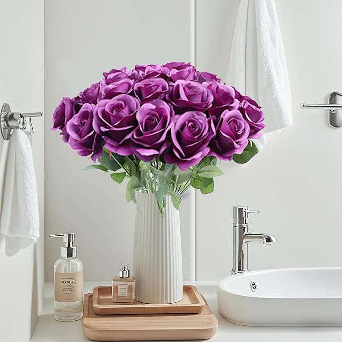 Artificial Rose Flower Artificial Flowers Flower with Long Stem Silk Roses Bouquet for Wedding Bridal Shower Party Home Decoration (Plum, 12 Pcs)