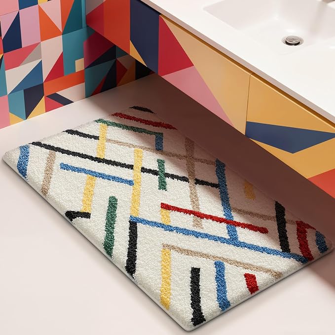 LUMI Bathroom Rugs with Colorful Line, Soft Absorbent Bath Mat for Modern Home Decor, Non-Slip Quick-Dry Bath Rug, Machine Washable Floor Mat for Shower and Tub, Entryway, 16"x24", Colored Line