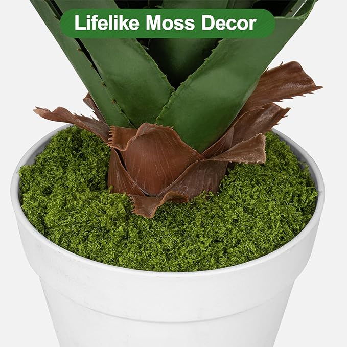 Set of 2 Artificial Agave Plants 4ft Each, Realistic Faux Spiked Agave Trees with Lifelike Leaves and Moss in White Pots, Indoor Outdoor Floor Plants for Home Office Patio Porch Decor