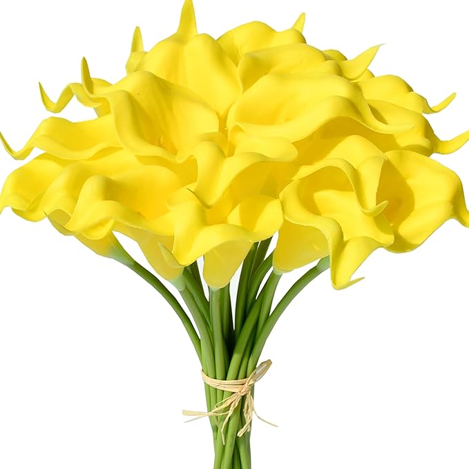 Mandy's PU Pure Yellow Calla Lily Artificial Flowers 20 Stems 13.5in Faux Realistic Centerpiece for Thanksgiving and Christmas Decorations DIY Bridal Bouquet Home Décor