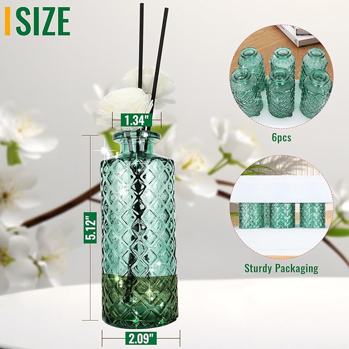 Glass Flower Vase, Green, Small Vase, Aromatherapy Bottle, 6 Sets, Simple Solid, for Birthday, Wedding, Thanksgiving, Home Decoration