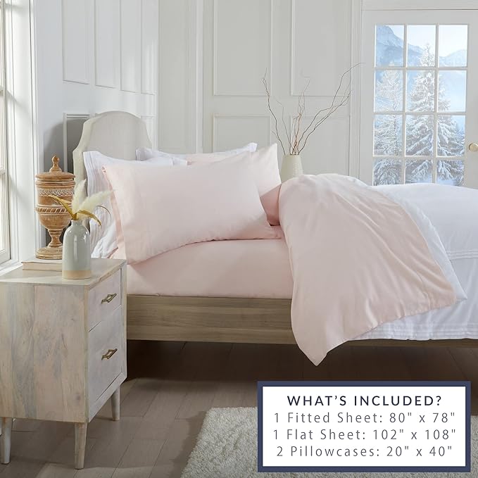 Market & Place 100% Turkish Cotton Flannel Sheet Set | 4 Piece Deep Pocket Solid Cozy Winter Bed Sheets | Double Brushed for Extra Softness & Comfort | Chalet Collection (King, Blush Pink)