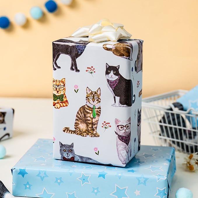 Burymento White Lovely Cat Wrapping Paper, Reversible Blue Star Gift Wrap for Birthday, Valentines, Mothers day, Graduation, Wedding, Fathers day, Baby Shower, Christmas (17in x 16.4ft)