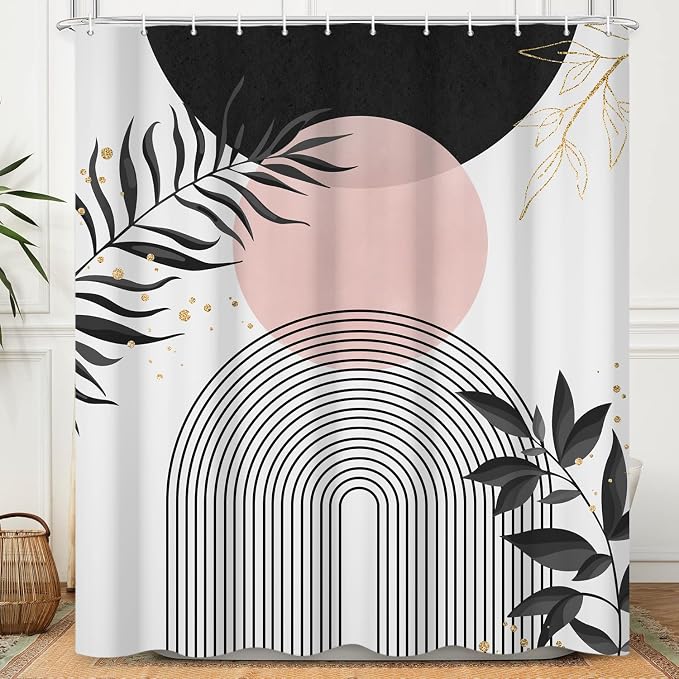 Boho Mid Century Shower Curtain,Black Pink Modern Minimalist Abstract Geometric Gold Plant Leaves Sun Arch Bathroom Curtains Waterproof Fabric Buthtub Curtain Set with Hooks 48" Wx72 L