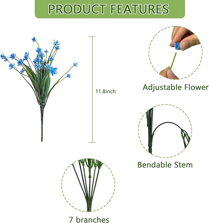 Artificial Flowers Outdoors, 12 Bundles No Fade Fake Flowers UV-Anti Easy to Clean Faux Greenery Plants Faux Plastic Plants Garden for Indoor Outdoor Home Garden Decoration, Blue