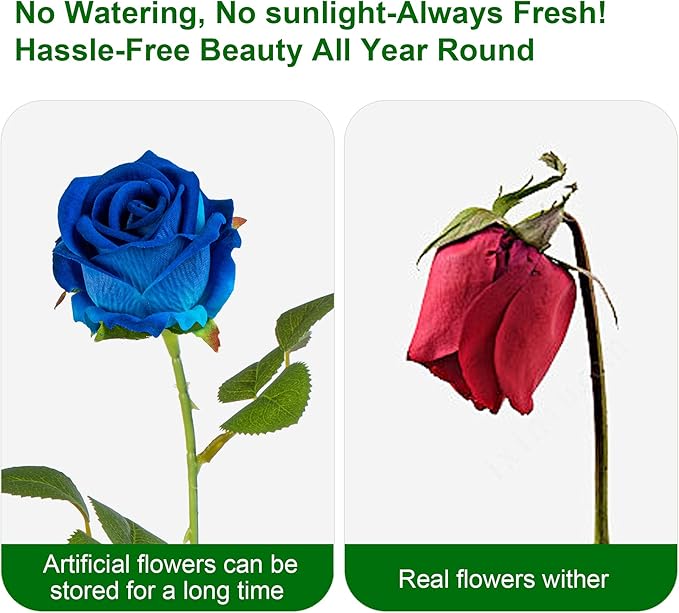 Fake Plants Roses Flowers Plastic Flowers Spring Decorations for Home Gifts for Gf Roses Artificial Flowers for Vase Fake Flowers Home Decor Fake Plant 19.6"(50PCS Blue)