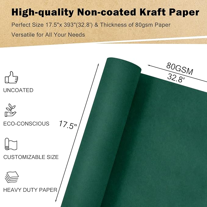 RUSPEPA Dark Green Kraft Wrapping Paper Roll, 17.5"x 393"(32.8'), Recyclable Green Art Gift Wrap Paper for Christmas Gift Wrapping, Table Covering, Art & Craft Supplies, Bouquet Flower, 80GSM