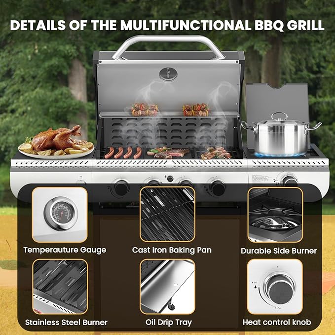 Electactic G41 Gas Grill,4-Burner Gas BBQ Grill with Side Burner, Porcelain-Enameled Grills, 42,000 BTU Stainless Steel Propane Grill for Outdoor Cooking and Patio Barbecues