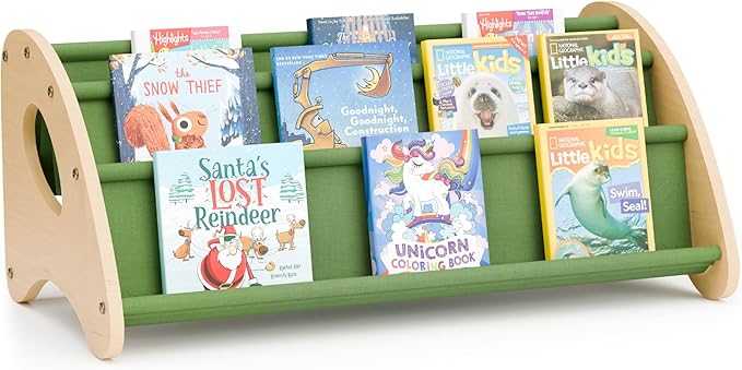 Toddler Bookshelf,4-Tier Book Rack Organizer with Fabric Storage Pockets, Wooden Bookshelves with Open Forward Display, Montessori Book Shelf for Nursery/Playroom, Natural/Green
