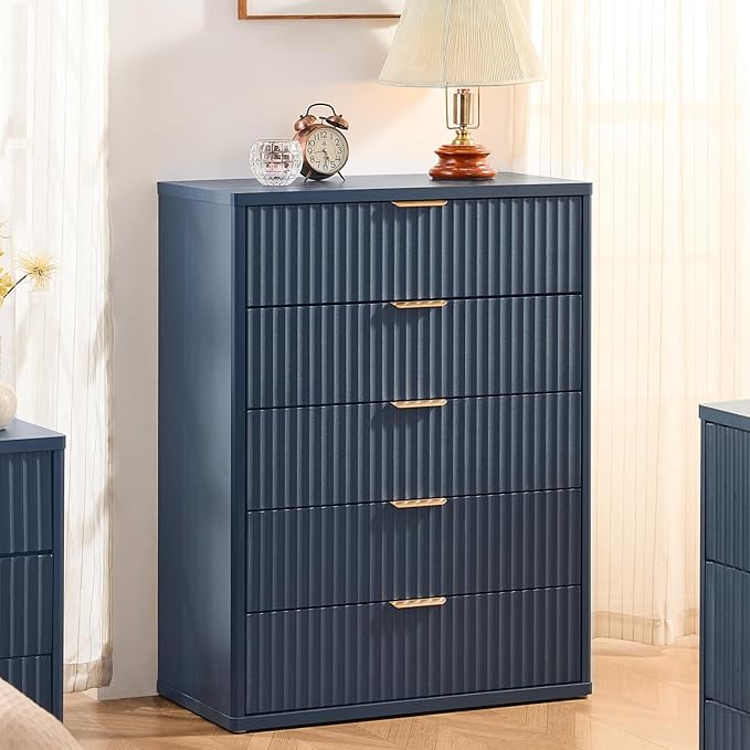 Fluted 5 Drawers Dresser for Bedroom, 41" Tall Modern Chest of Drawers with Metal Handle,Navy Blue Wood Drawer Organizer for Bedroom, Living Room, Hallway, Entryway