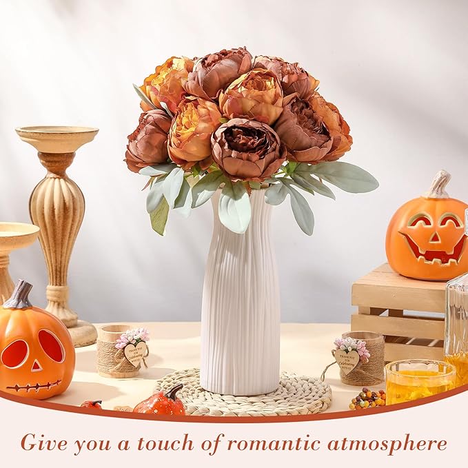 Zeyune 50Pcs Wedding Artificial Peonies 4 Inch Fake Silk Peony Faux Artificial Valentine Flower Bulk Rose Flower Head for Valentine Decoration Vintage Wedding Home Office(Brown and Orange)