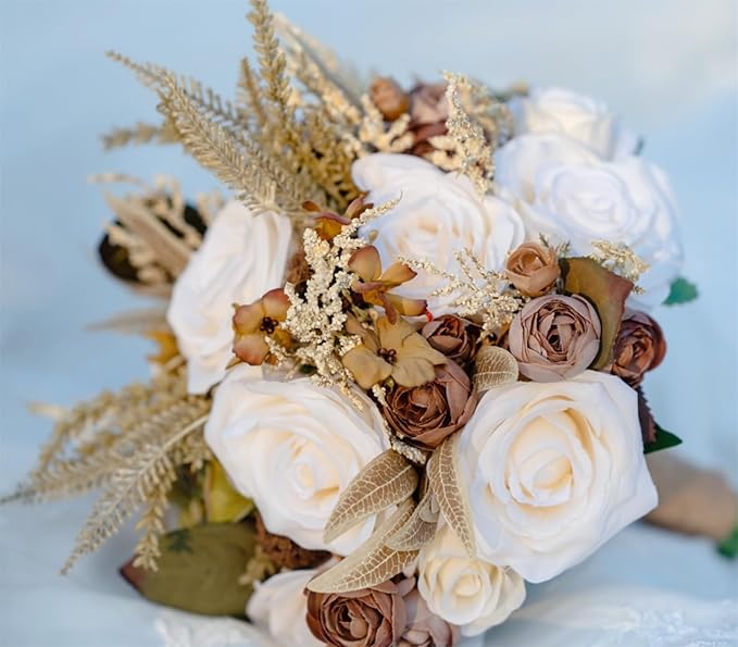 Wedding Bouquets for Bride Bridesmaid Khaki Rose Bridal Bouquet for Bride Artificial Flowers Wedding Tossing Bouquets for Wedding Church Bridal Shower Ceremony Anniversary (Khaki+Ivory)