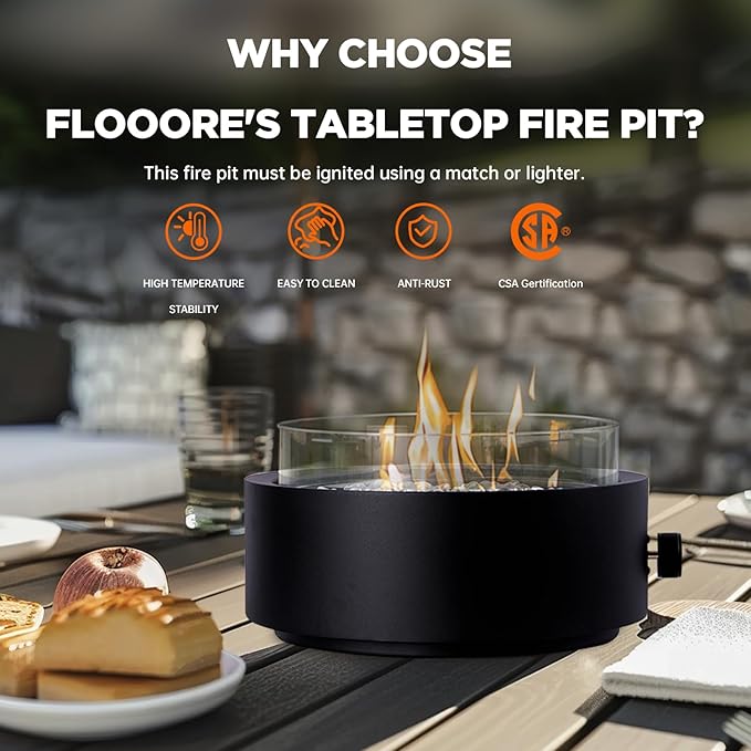 14-Inch Round Propane Fire Pit, 10000 BTU Portable Tabletop Fireplace with Glass Stones, Umbrella Hole Compatible for Outdoor Patio Tables & Camping, Black