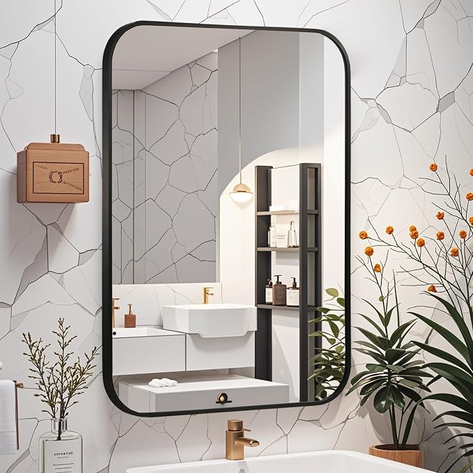 Matte Black Mirror, 30"x36" Rectangle Bathroom Mirror, Metal Frame Rectangle Corner Vanity Mirror, Wall Mounted Mirror for Modern, Living Room, Bedroom, Horizontal Or Vertical