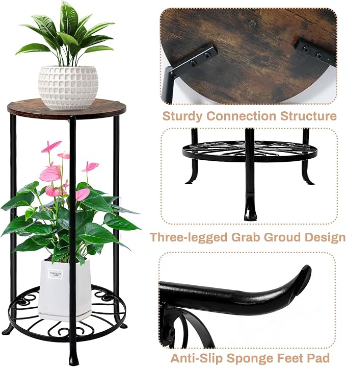 Plant Stand Indoor, 2 Tier Wood Round Potted Holder Rack, 27 " Tall Flower Pot Stand Shelf, Round Supports Plant Stand for Large Plants, Corner Plant Shelf for Balcony Garden Patio Living Room, Brown