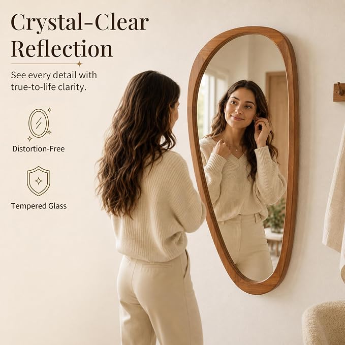 Solid Wood 48"x24" Large Aesthetic Wabi-Sabi Statement Mirror, Warm Walnut Full Length Irregular Mirror, Modern Organic Asymmetrical Wooden Wall-Mounted Mirror, Honey Walnut