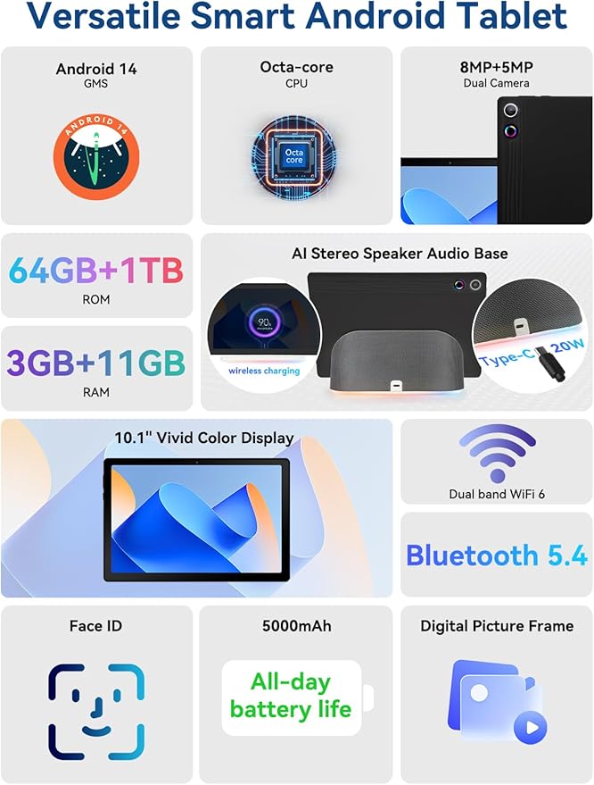 2025 Upgraded Android Tablet with Charging Speaker Dock, 2 Years Protection, Octa-Core CPU, 14GB+64GB Storage with 1TB Expansion, WiFi 6, BT5.3, Google Tablet, US Version
