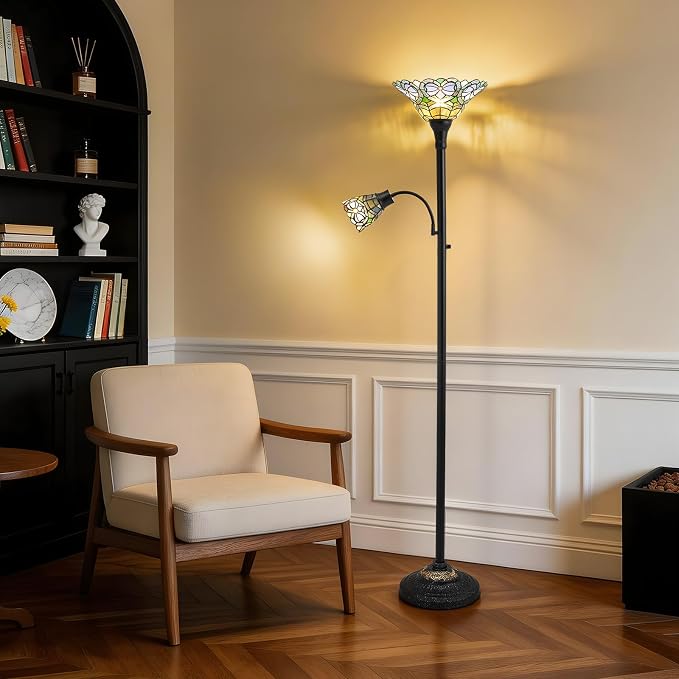 Luvkczc Tiffany Floor Lamp, Stained Glass Lamp Victorian Style with Adjustable Gooseneck Reading Lamp – 70" Tall Torchiere Floor Lamps for Living Room