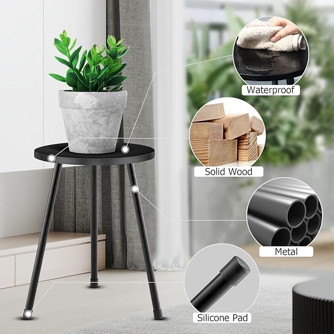 KINNARY Plant Stand Indoor, Mid Century Wood Plant Stand Black Plant Table for Flower Pots, Tall Metal Plant Holder, Modern Home Decor Small Round Side End Table (11.8"x16")