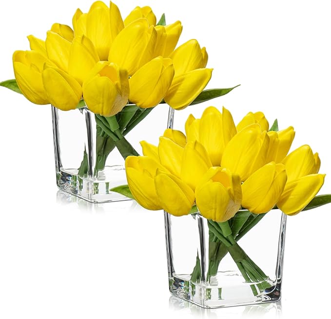 DILATATA Artificial Yellow Tulips in Vase with Faux Water 5.5" Real Touch Flowers Fake Tulips Small Flowers Arrangement in Cube Glass Vase for Mother's Day Table Centerpiece Wedding Home Decor 2 Pack