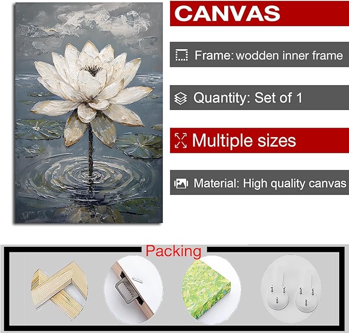 Stunning white lotus emerges from prismatic water with delicate petals background Serene aquatic wall art suitable for modern minimalist decor 24x36in Wood Framed