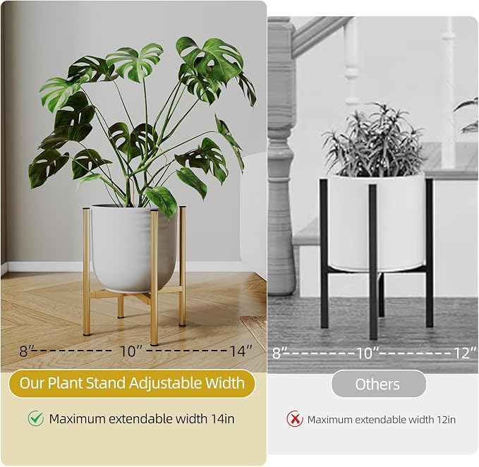 Adjustable Metal Plant Stand Indoor, Fits 8-14 Inch Pots, Mid Century Modern Gold Planter Holder,2 Heights, Heavy Duty 160 lb, Indoor Outdoor Corner Floor Pot Stand, Golden