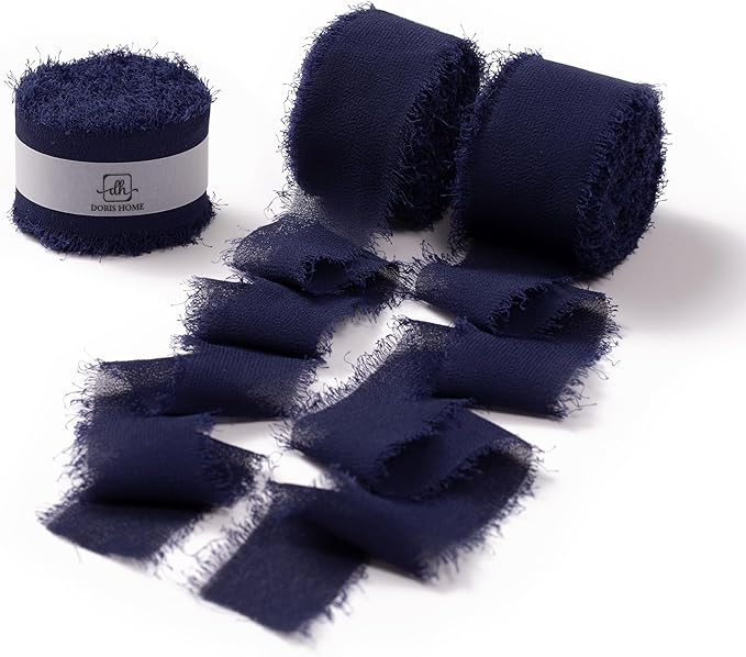 DORIS HOME Dark Navy Chiffon Ribbon for Flower Bouquet, 1" x21Yd Fabric Ribbon for Gift Wrapping, Handmade Frayed Ribbon for Wedding Invitations/Christmas Decorations