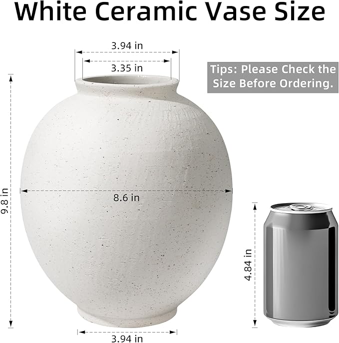 Large White Ceramic Vase, 9.8 inch Rustic Farmhouse Flowers Vase for Home Decor, Sandstone Texture Round Pottery Tall Vase Indoor for Table Living Room Decor