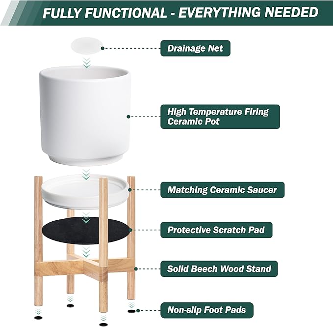 D'vine Dev Ceramic Planter with Natural Stand - 14 Inch Modern Round Flower Pot with Wood Planter Holder, White, 55-B-R-1