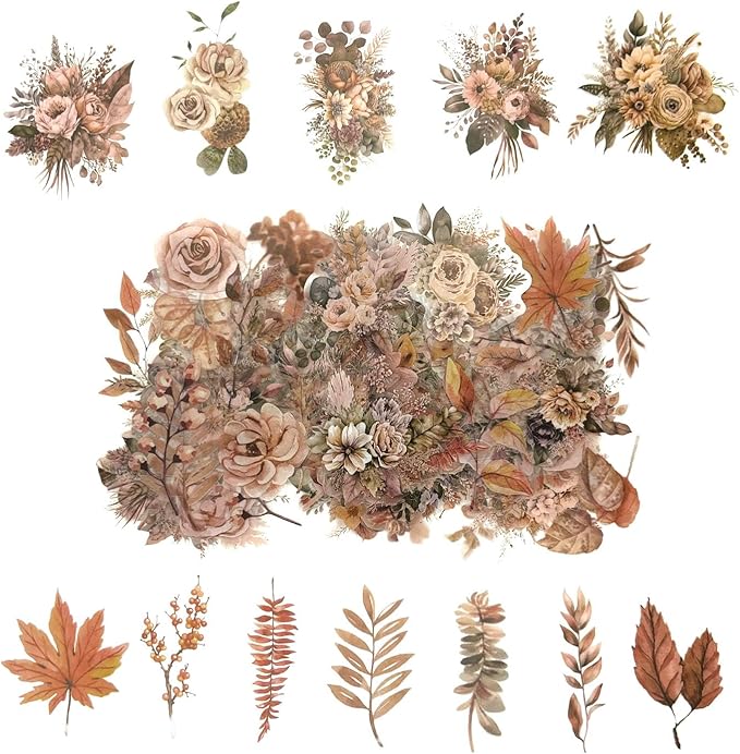 Obujopal 100 Pcs Autumn Flower Stickers for Scrapbooking Junk Journal Card Making CollageNotebook Diary Planner Letter Envelope Water Bottle Phone Case Craft Decoration (Autumn)