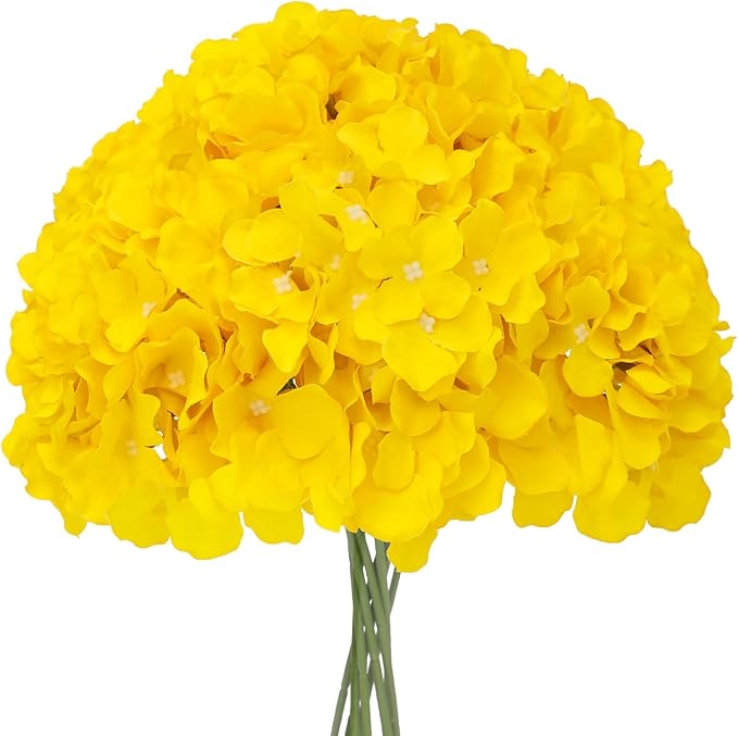 Fake Yellow Hydrangea Artificial Flowers - Faux Silk Hydrangeas Flowers Heads with Stems Real Touch for Home Wedding Party Table Decor(Yellow,Pack of 10)