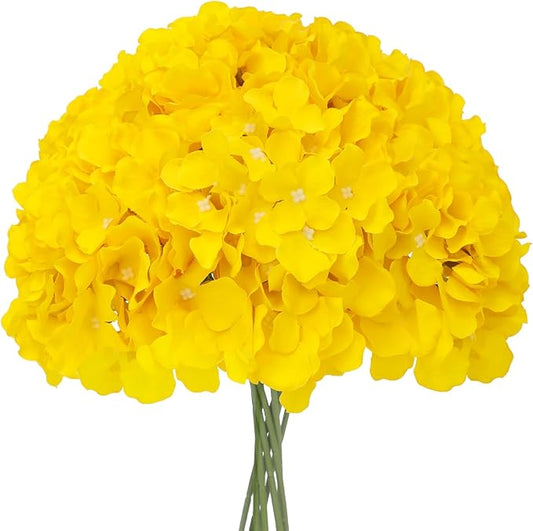 Fake Yellow Hydrangea Artificial Flowers - Faux Silk Hydrangeas Flowers Heads with Stems Real Touch for Home Wedding Party Table Decor(Yellow,Pack of 10)