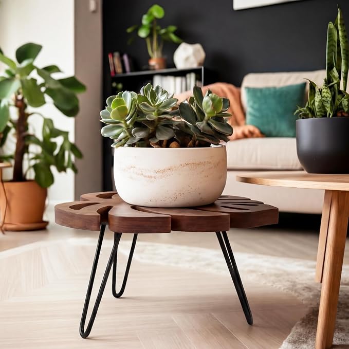 Novabright Monstera Leaf Short Plant Stand Small Wooden Plant Stool Stand Risers Pedestal Display Decorative for Flower Indoor Outdoor Rustic Farmhouse Table Balcony Home Office Bedroom Decor