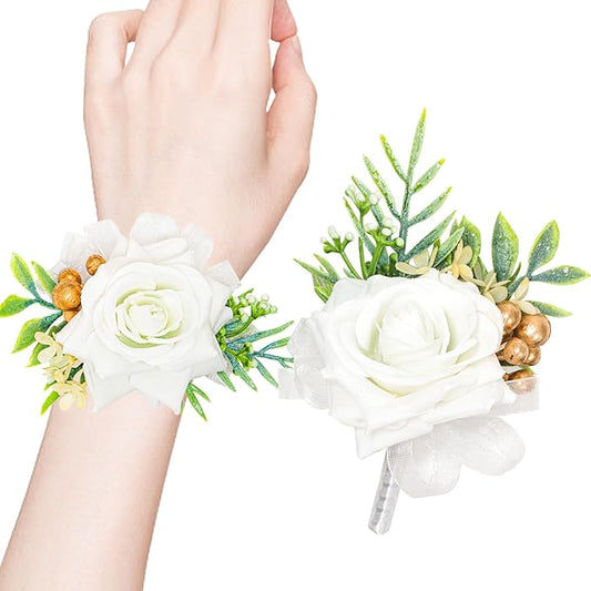 2 Pcs White Wrist Corsage and Boutonniere Set, Rose Corsage Hand for Women, Boutonniere for Men Wedding Flowers Accessories Prom Decor Party Suit Decoration (White)