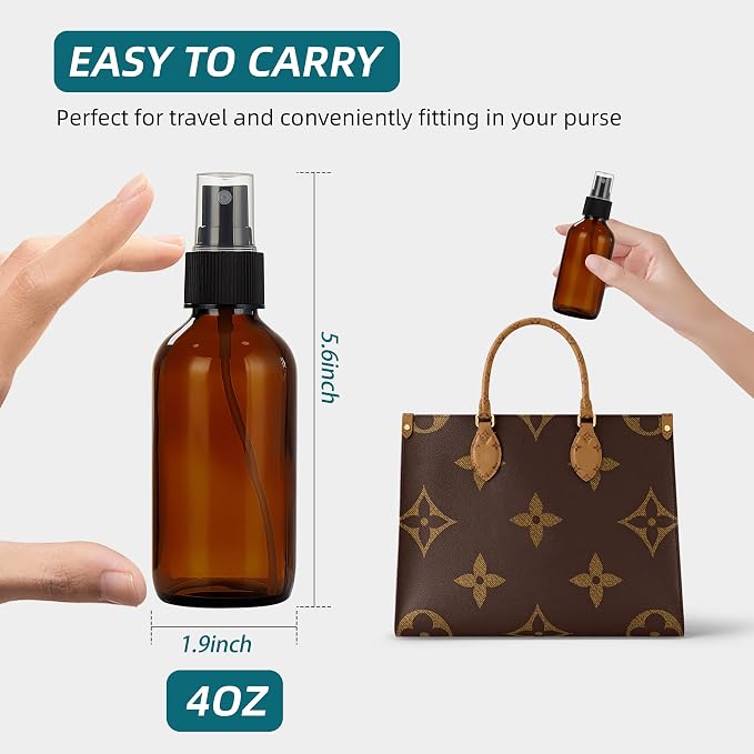 Dark Amber Glass Spray Bottles 4 oz, Small Glass Spray Bottles for Essential Oils, Fine Mist for Face, Hair, Plants, Travel, Perfumes, Cleaning Solutions - 2 Pack