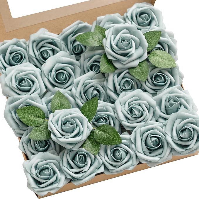 Ling's moment Artificial Flowers 50Pcs Dusty Blue Roses Decor w/Stems,3" Real Touch DIY Foam Floral for Wedding Bouquet/Centerpieces, Outdoors Party Backdrop, Room/Table, and Garden/Pot Decorations