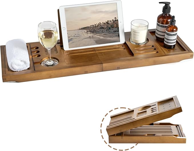 Bamboo Bathtub Tray Caddy - Splash-Proof Adjustable (28.5-40") with Wine Holder, Tablet Stand & Non-Slip Grip | Spa-Grade Organizer for Bath Essentials & Reading- Walnut