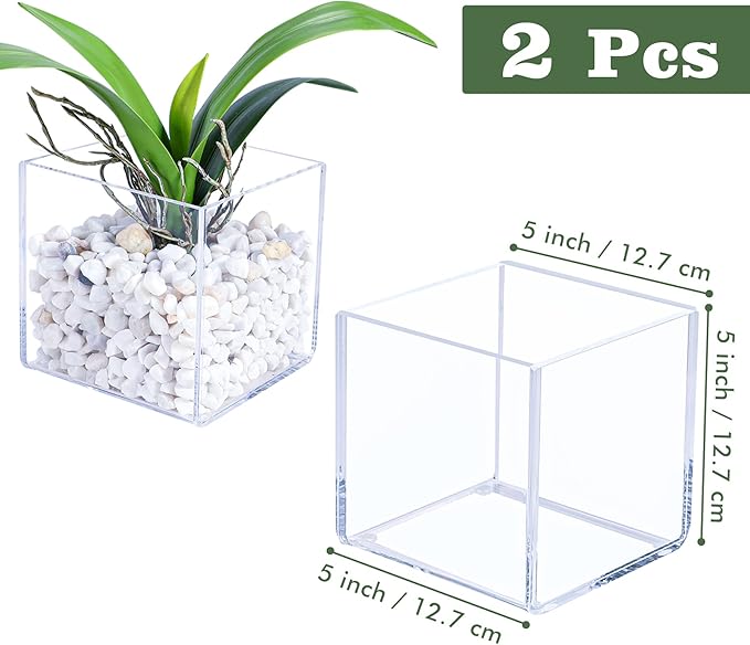 Kamehame Clear Vase 2 Pcs Acrylic Vase, 5"x5"x5" Succulent Pots Planters, Square Cube Vases for Centerpieces, Flower Vase for Home Office Wedding Floral Decor