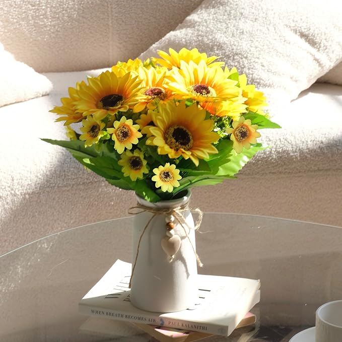 Artificial Sunflower Arrangement in Cream Vase, Silk Fake Flowers in Vase with Jute Rope & Heart Charm, Table Centerpieces for Dining Room, Kitchen and Table Décor