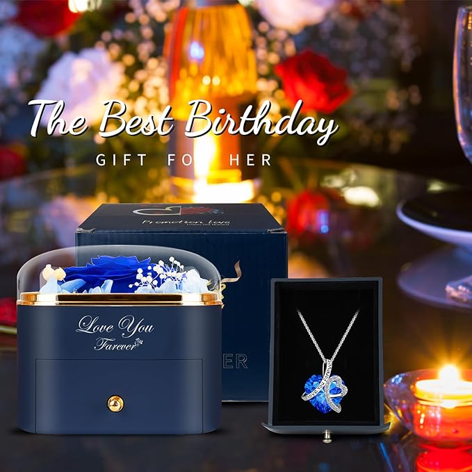 Preserved Blue Real Rose with Heart Necklace -Eternal Flowers Rose Birthday Gifts for Women Wife Mom Girlfriend Grandma Gifts Idea on Christmas Valentines Mothers Day for Her-Blue