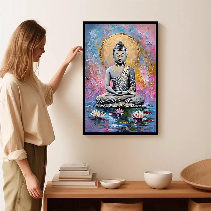 Lotus and golden Buddha meditation tranquil zen wall art mindfulness wall art for spiritual harmony and tranquility decor 20x30in Metal blackFramed