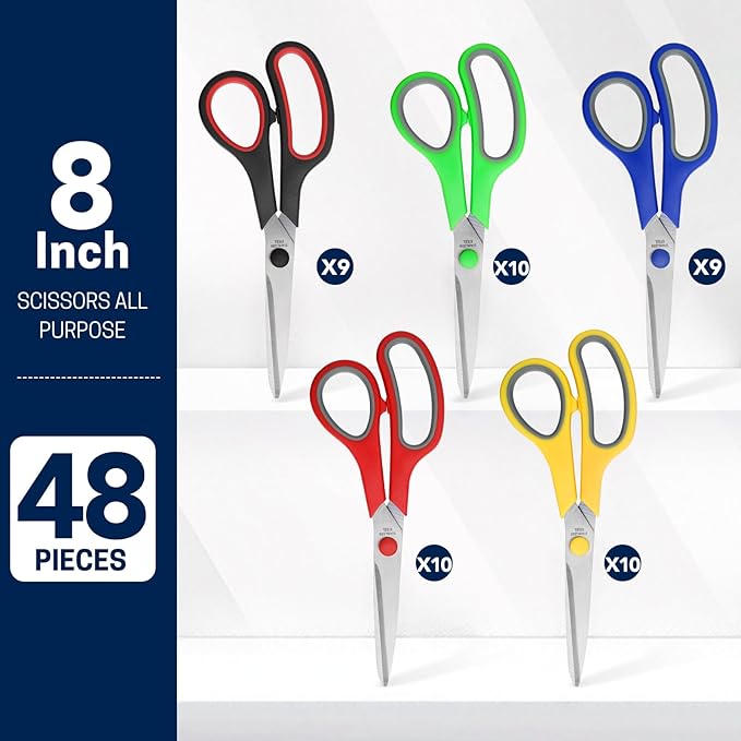 BURVAGY 8" Multipurpose Scissor Bulk 48 Pack, Comfort Grip Handles Ultra Sharp Blade Shears Stainless Steel Scissors for Office Home, All Purpose Scissors