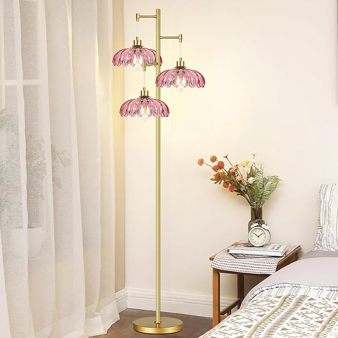 ILLMTW Pink Floor Lamp for Living Room,Bedroom,Gold Flower Mid Century Modern Standing Lamp Brass Tree 3 Light Tall Floor Lamps Vintage Floor Lights Glass Lamp Shade Farmhouse Boho Bohemian