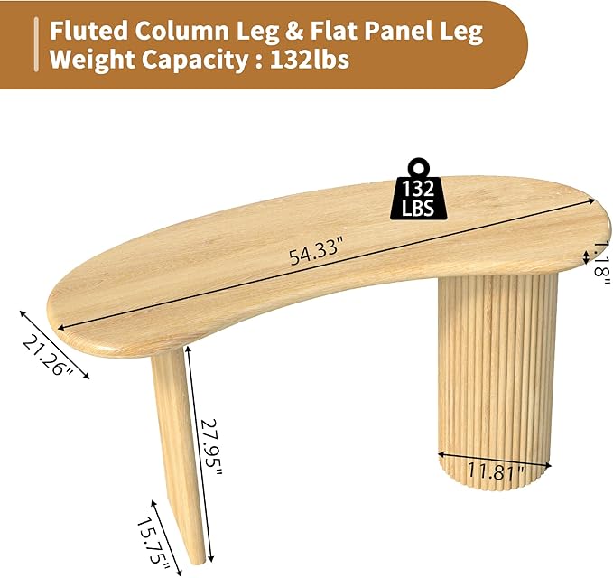 LEVNARY 54.3" Curved Small Computer Desk, Wooden Executive Desk with Sturdy Fluted Legs, Modern Luxury Corner Single Writing Vanity Desk for Bedroom Living Room Home Office (Natural)