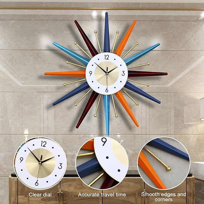Large Wall Clock 22 Inch Mid Century Wall Clock Starburst Clock Non-Ticking Battery Operated Modern Home Decorations for Living Room Bedroom Kitchen Office,Wall Watch