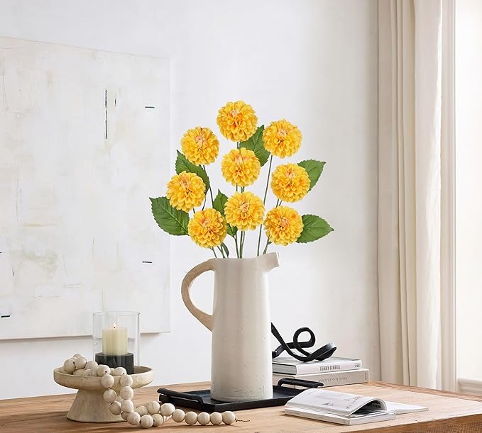 Hollyone 27.5" Yellow Artificial Dahlia Flowers 3Pcs Fake Roses Bouquet Ball Dahlia Flower Arrangement Faux Pincushion Flower with 3 Heads Long Stem for Centerpiece Home Decor