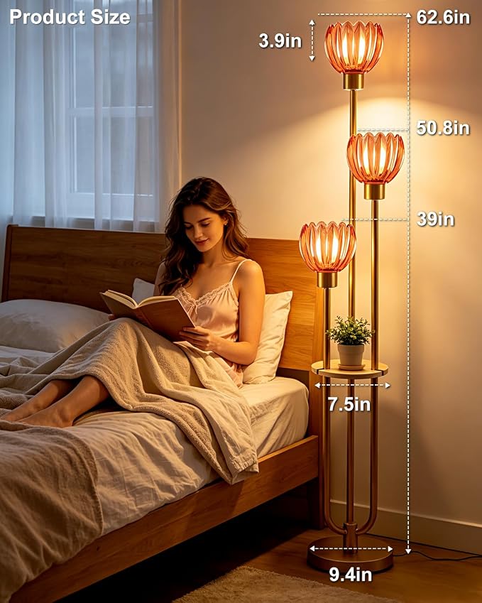 Lightdot 3-Lights Glass Floor Lamp for Living Room Modern Gold Floor Lamps with Lotus Deep Red Glass Shade& Bulbs Included for Wedding/Party Tall Standing Lamp for Bedroom/Sofa Beside/Corner Decor