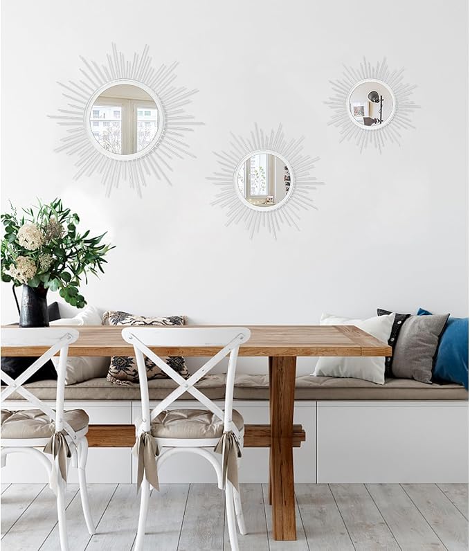 Sunburst Spoked White Large Wall Mirror Boho Home Circle Art Mirror Modern Metal Mirror for Wall Decorative Bathroom Bedroom Vanity Hallway Balcony Living room Entryway 20"