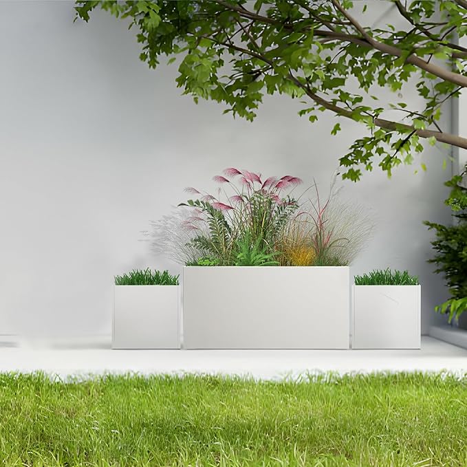 White Steel Rectangular Planter Metal Outdoor Indoor Planter Box 31.5" L x 16" W x 16" H Galvanized Steel Large Rectangle Planters Modern Commercial Residential for Trees Patio Yard Garden
