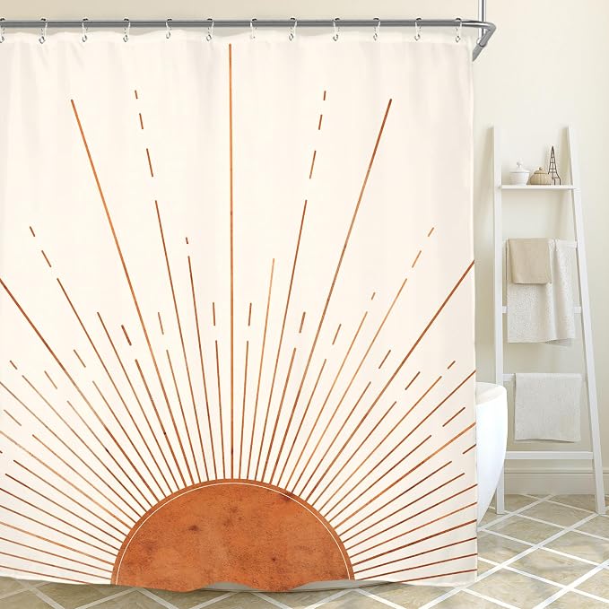 Miyotaa Rust Sun Abstract Shower Curtain Set 71Wx71H Inches Minimalist Mid Century Modern Vintage Aesthetic Sunrise Polyester Waterproof Bathroom Curtain with 12 Hooks